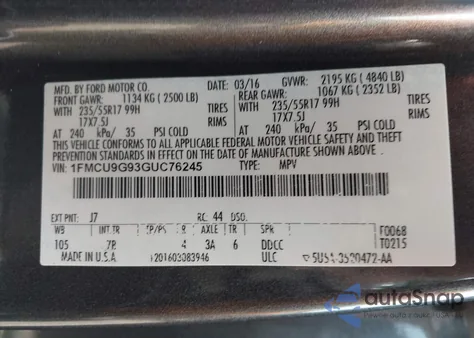 2016 Ford Escape Se из США, поврежденный, VIN 1FMCU9G93GUC76245